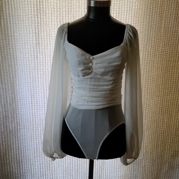 Princess Polly Tops - Princess Polly White Sheer Long-Sleeve Ruched Bodysuit